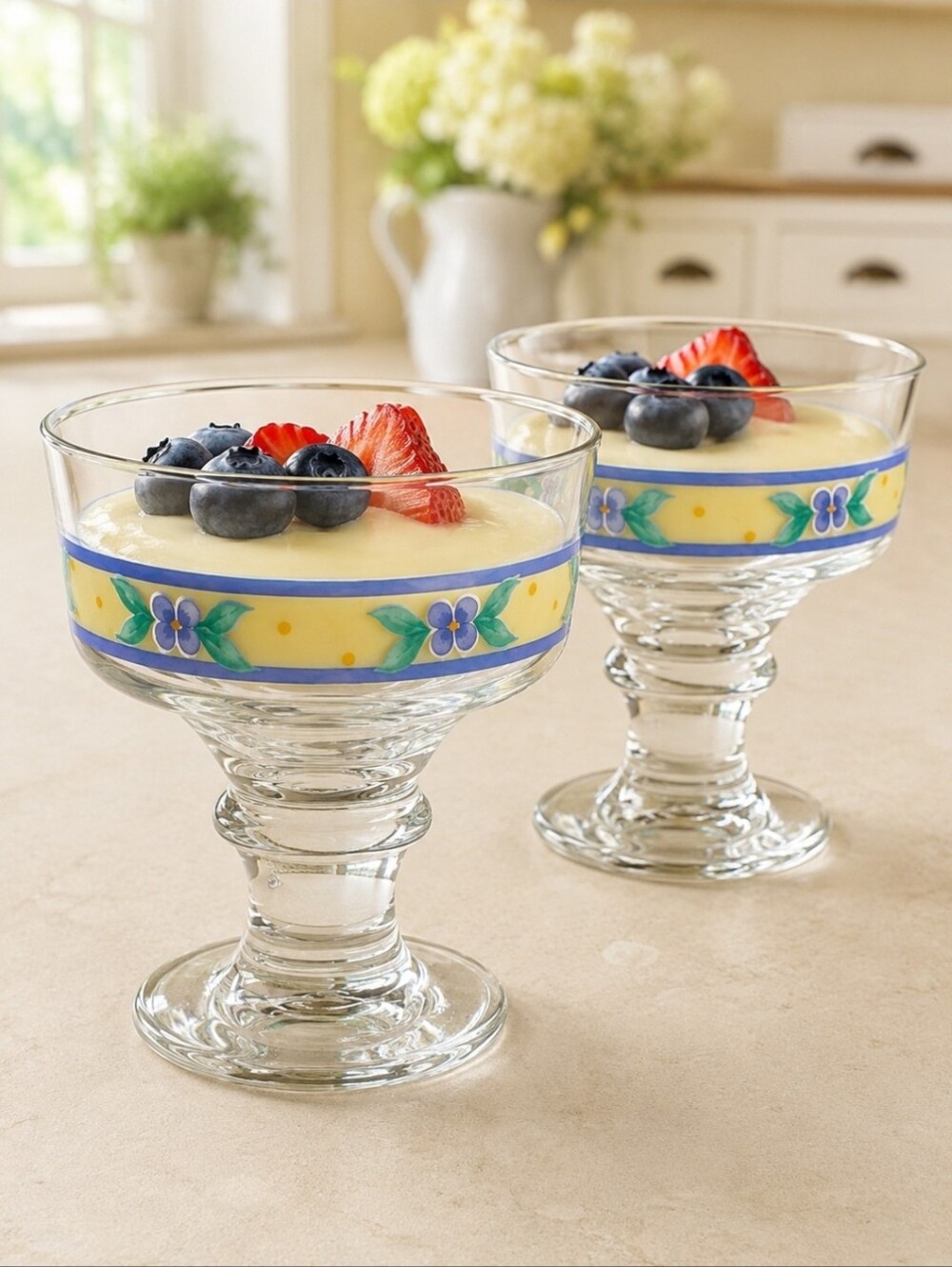 Pfaltzgraff Summer Breeze Footed Dessert Glasses Set of 2 4.25" Floral